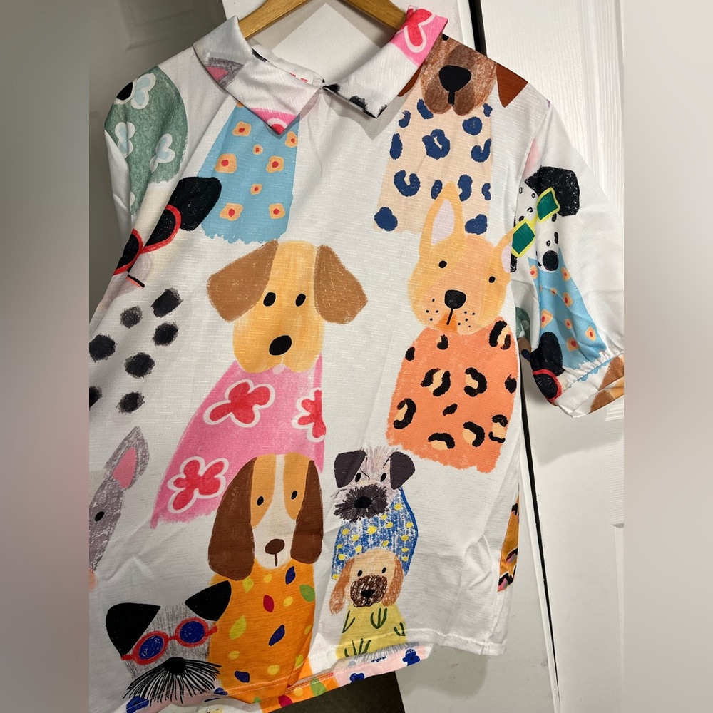 Whimsical Dog Print Short Sleeve Blouse - White Multicolor - Picture 9 of 10